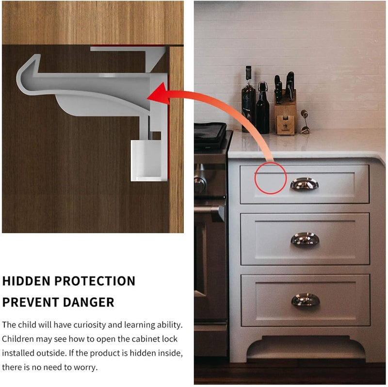 Pabesim 10 Pack Upgraded Invisible Baby Proofing Cabinet Latch Locks – Children Proof Cupboard Drawers Latches, Suitable for Cabinets and Drawers, No Drilling or Tools Required, Adhesive Easy Installation - Image 3